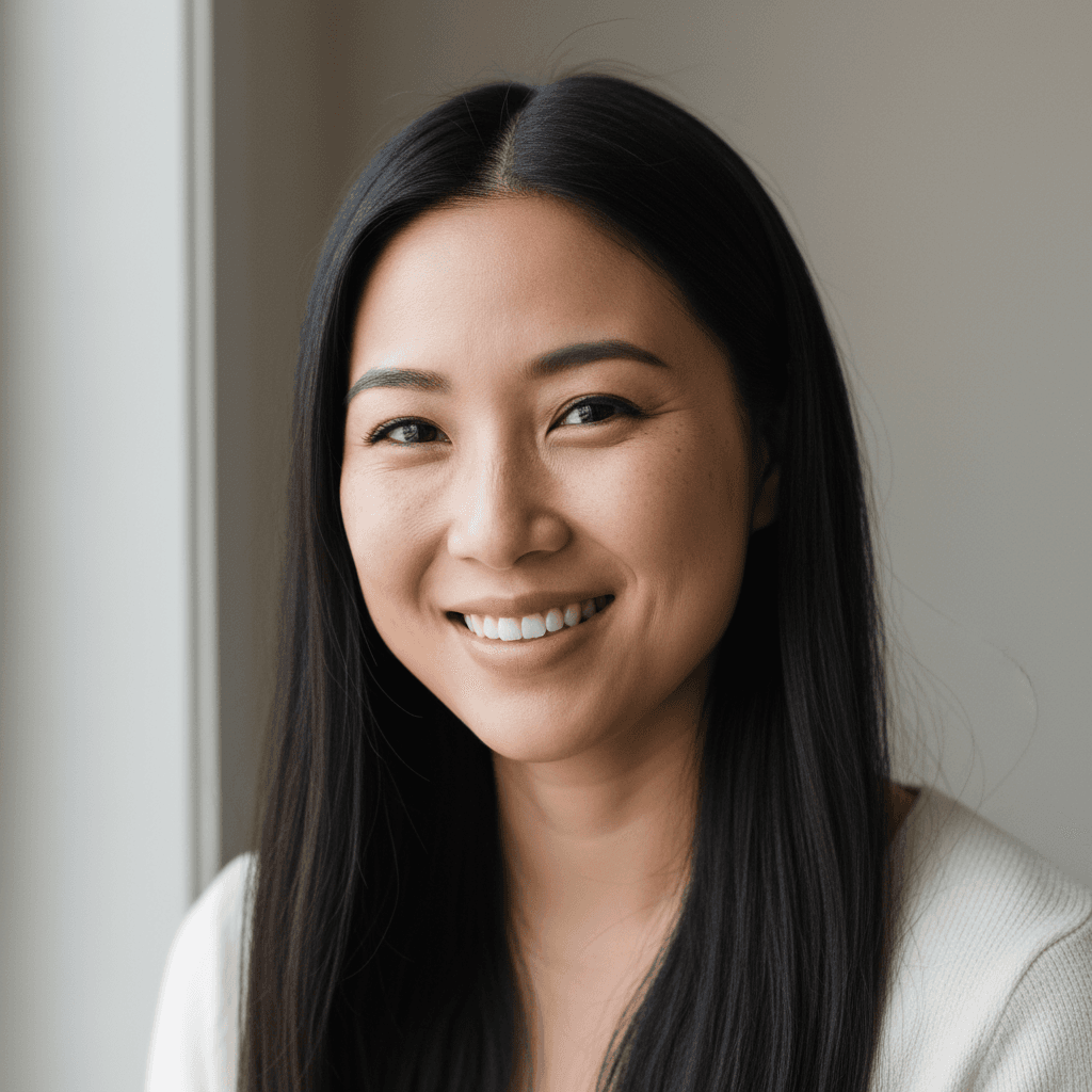 Professional headshot of Asian woman with long dark hair wearing navy blazer against neutral background, smiling confidently at camera