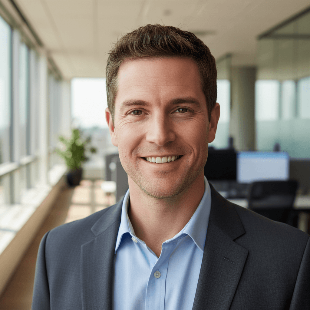 Professional portrait of Caucasian man with short brown hair and beard wearing casual button-up shirt, looking professionally at camera with modern office setting in background